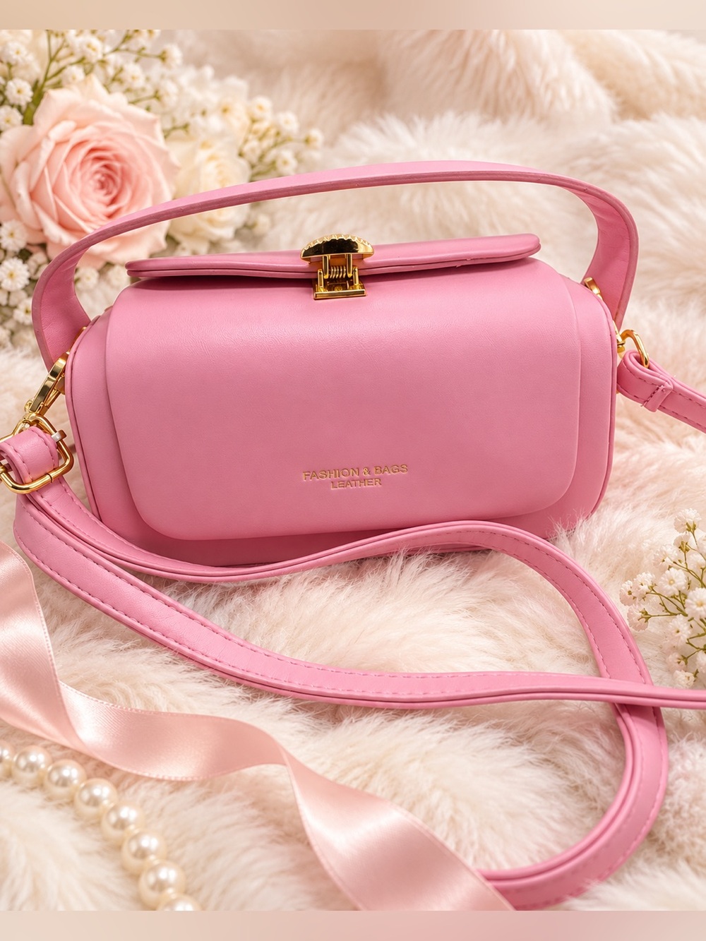Pink Faux Leather Crossbody Shoulder Bag Gold Hardware